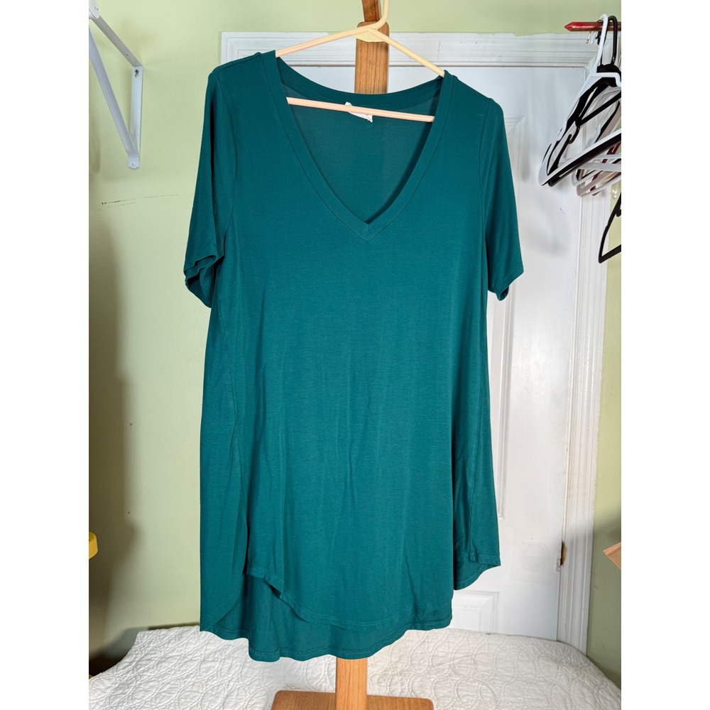 Zenana Womens V-Neck Short Sleeve Tunic Top Teal Green High Low Hem Small